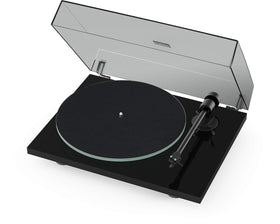 Pro-Ject T1 Evo top view shows sleek high-gloss finish for refined vinyl playback.