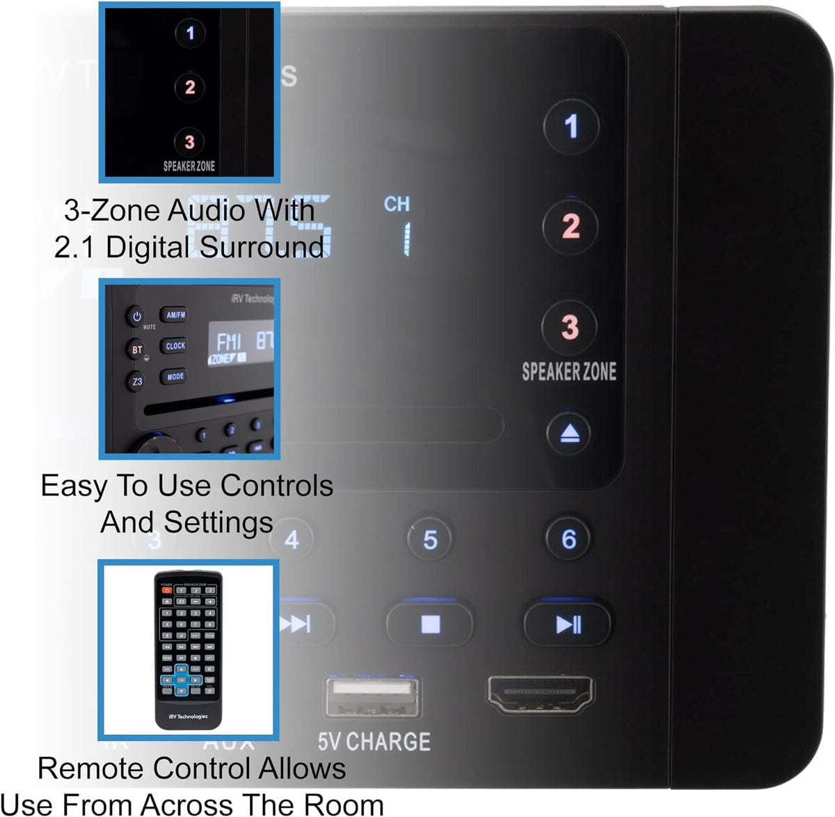 ProAuto iRV63 digital surround sound with optical SPDIF input for clear cabin audio.