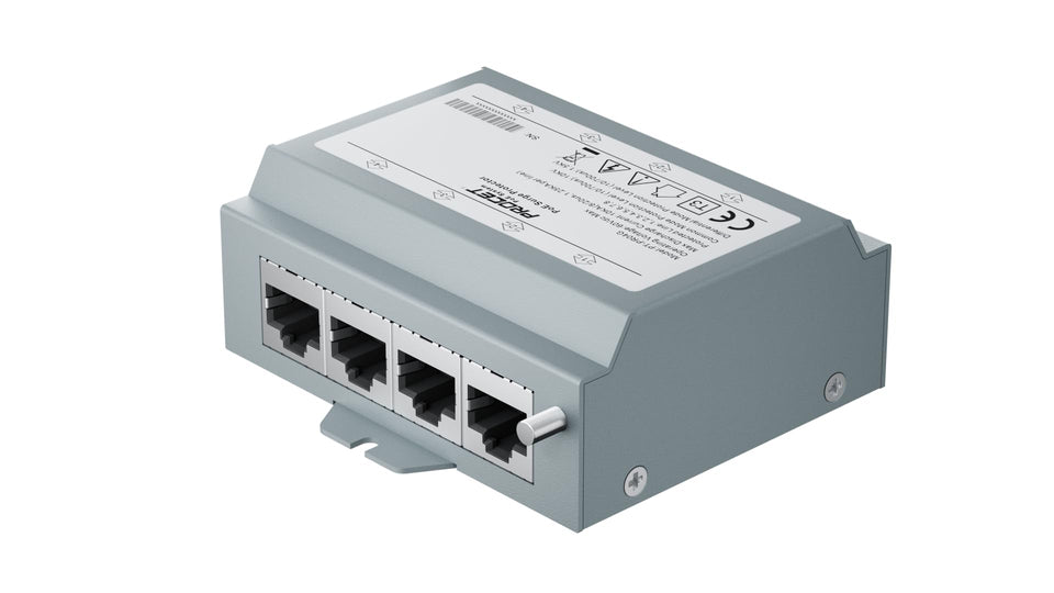 PROCET Ethernet surge protector front view protects gigabit PoE devices