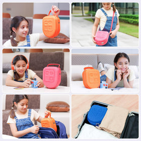 Rubberized handles and adjustable strap offer comfortable carrying for kids
