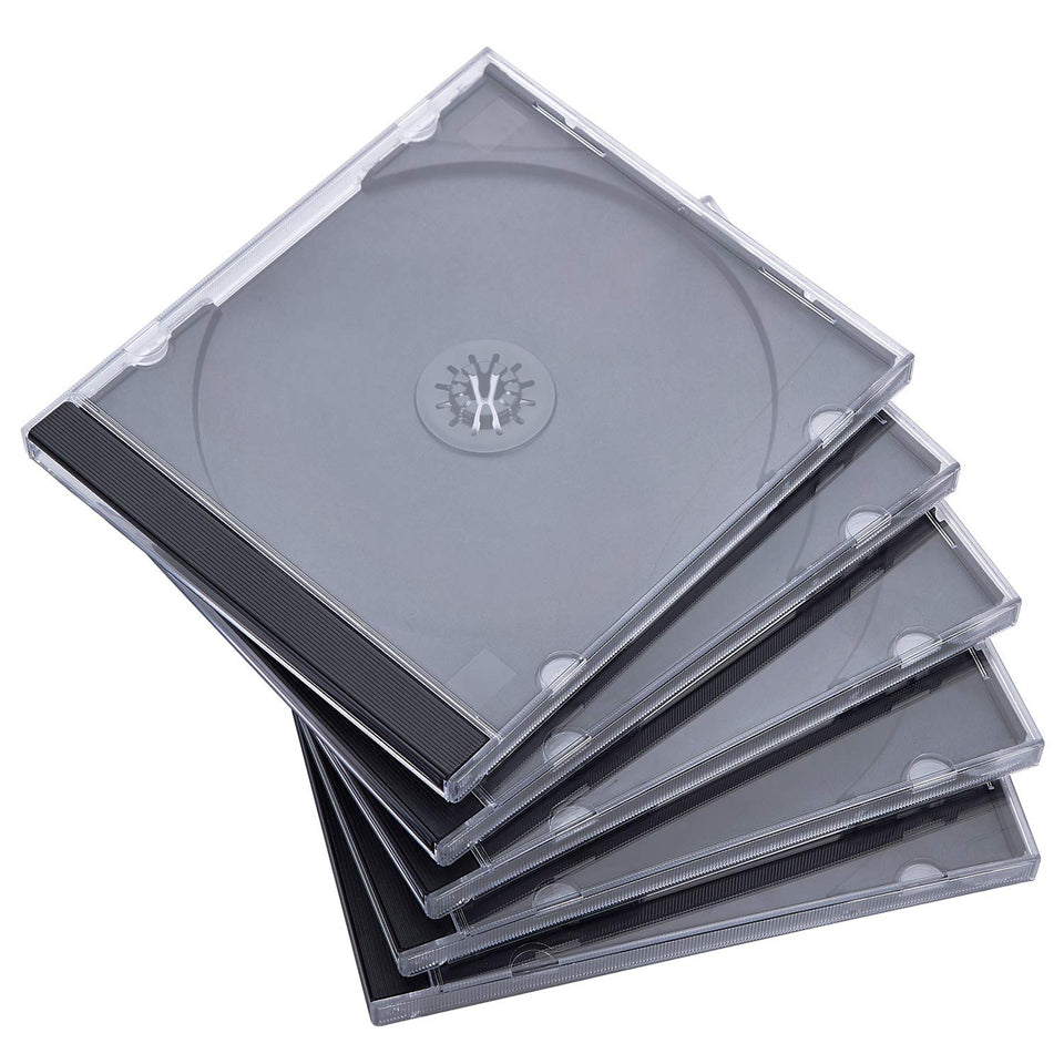 Progo 104mm CD jewel case with black tray, clear shell, 25-pack.