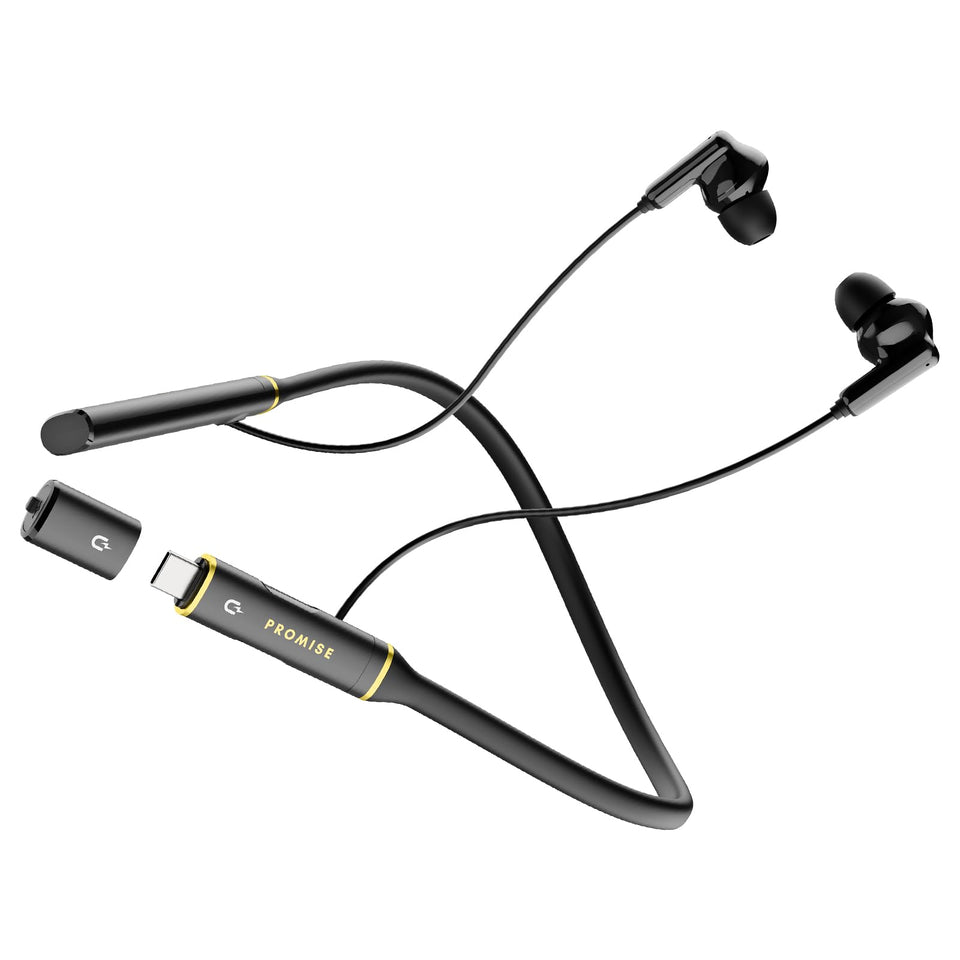 Promise A12 front view in gold showing slim neckband and earbuds, elegant everyday style