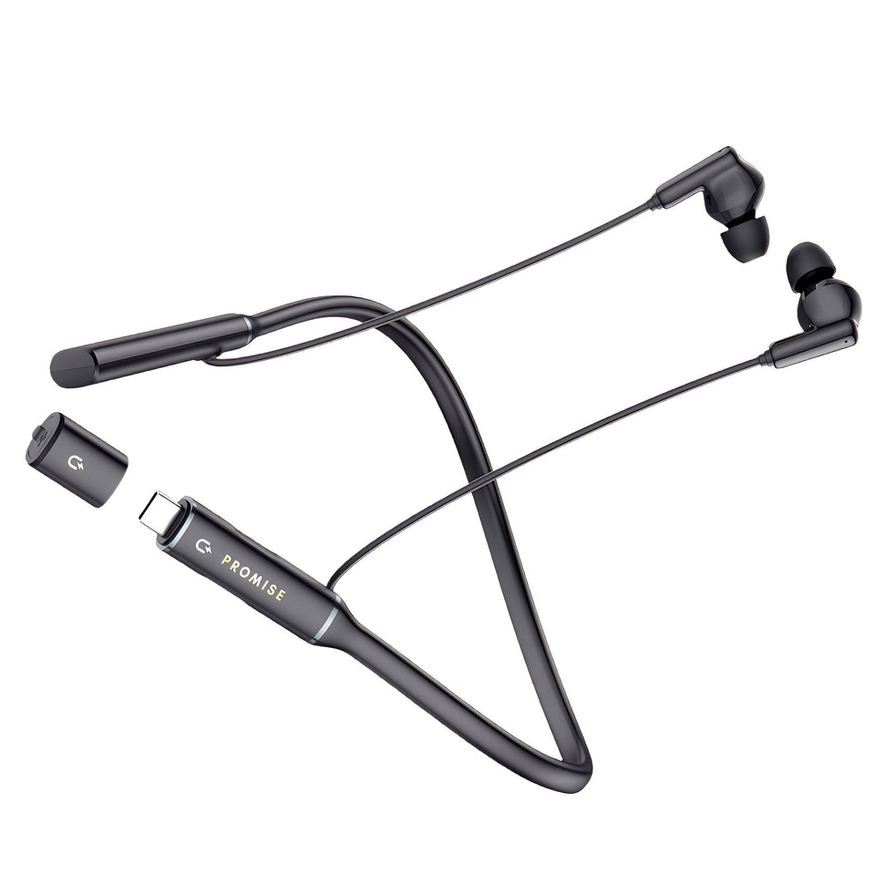 Promise A12 front view silver neckband showing compact design and long playtime benefit