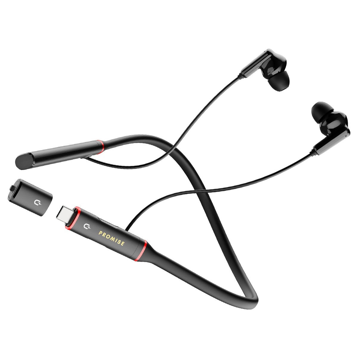 Promise A12 front view in red showing controls and neckband, highlights battery life