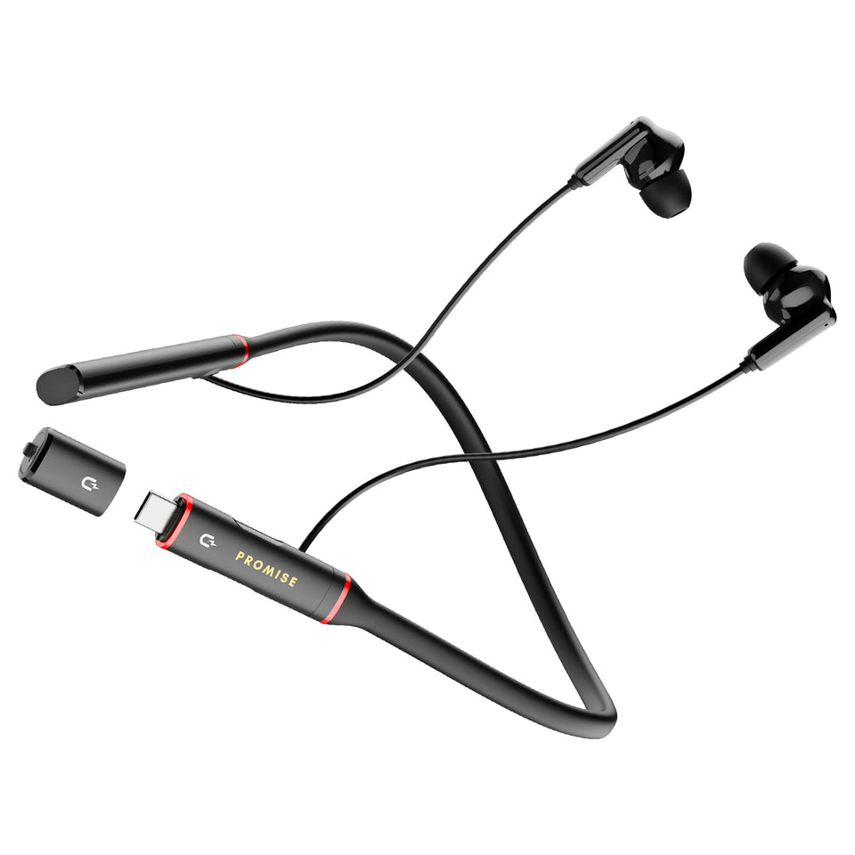 Promise A12 front view in red showing controls and neckband, highlights battery life