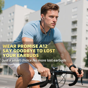Promise A12 worn on commuter showing comfortable all-day audio for travel