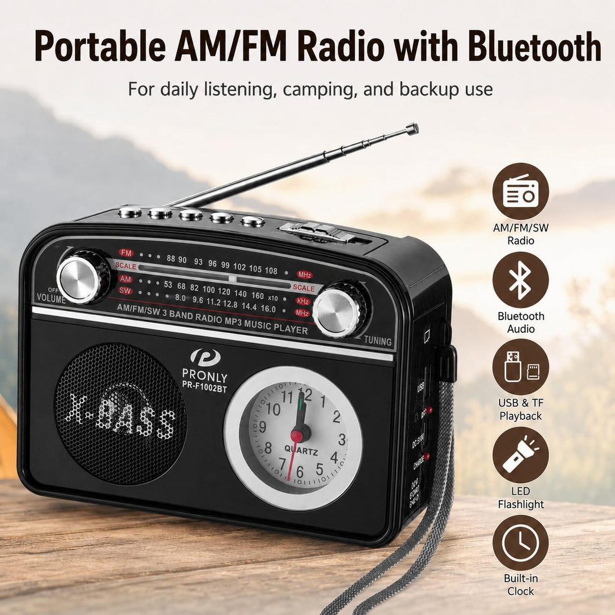 PRONLY Bluetooth streaming setup showing wireless music from a phone.