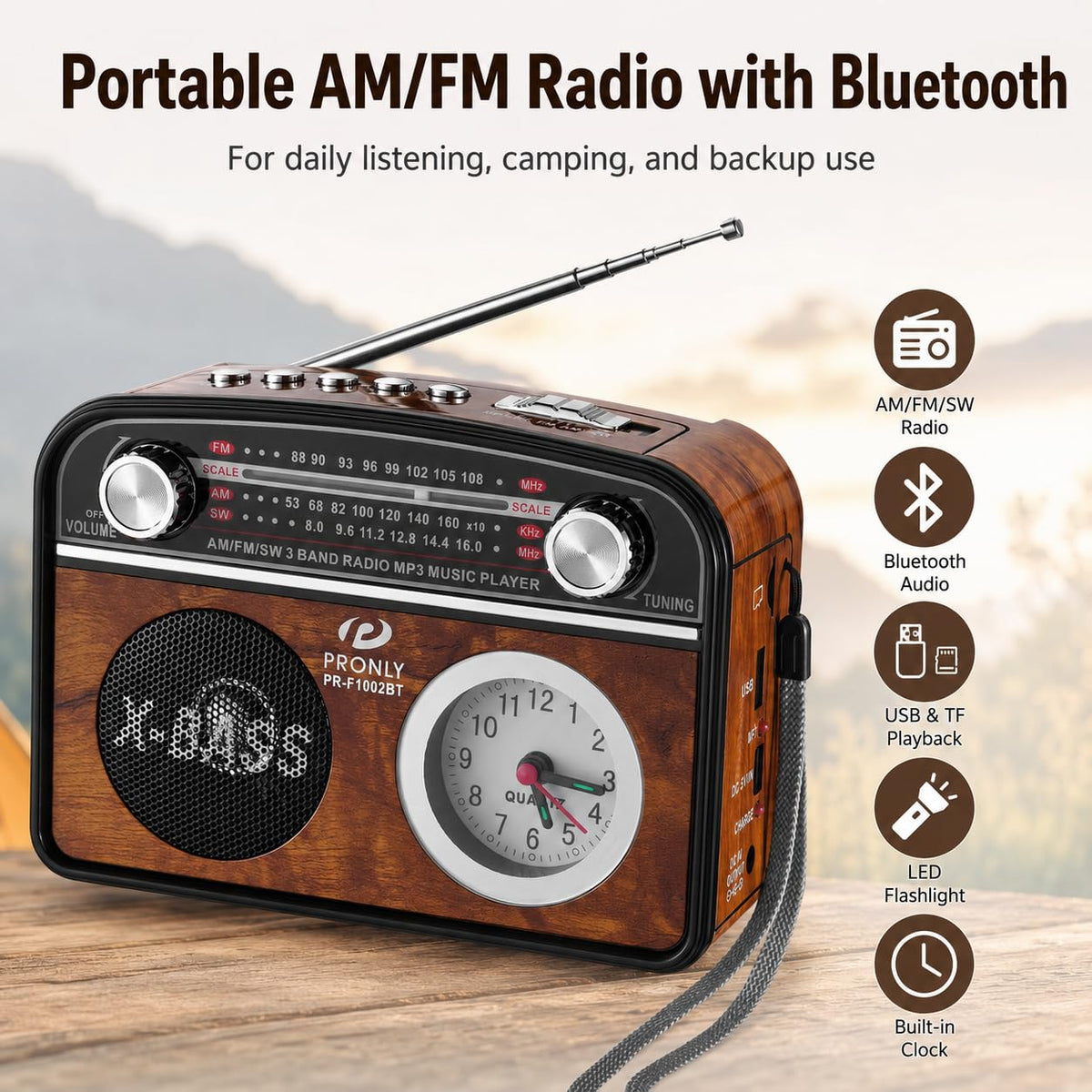 PRONLY radio Bluetooth panel showing wireless streaming from phone.