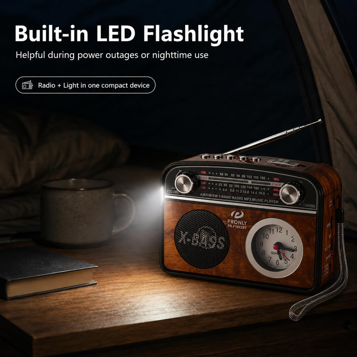 PRONLY emergency flashlight integrated for nighttime visibility.