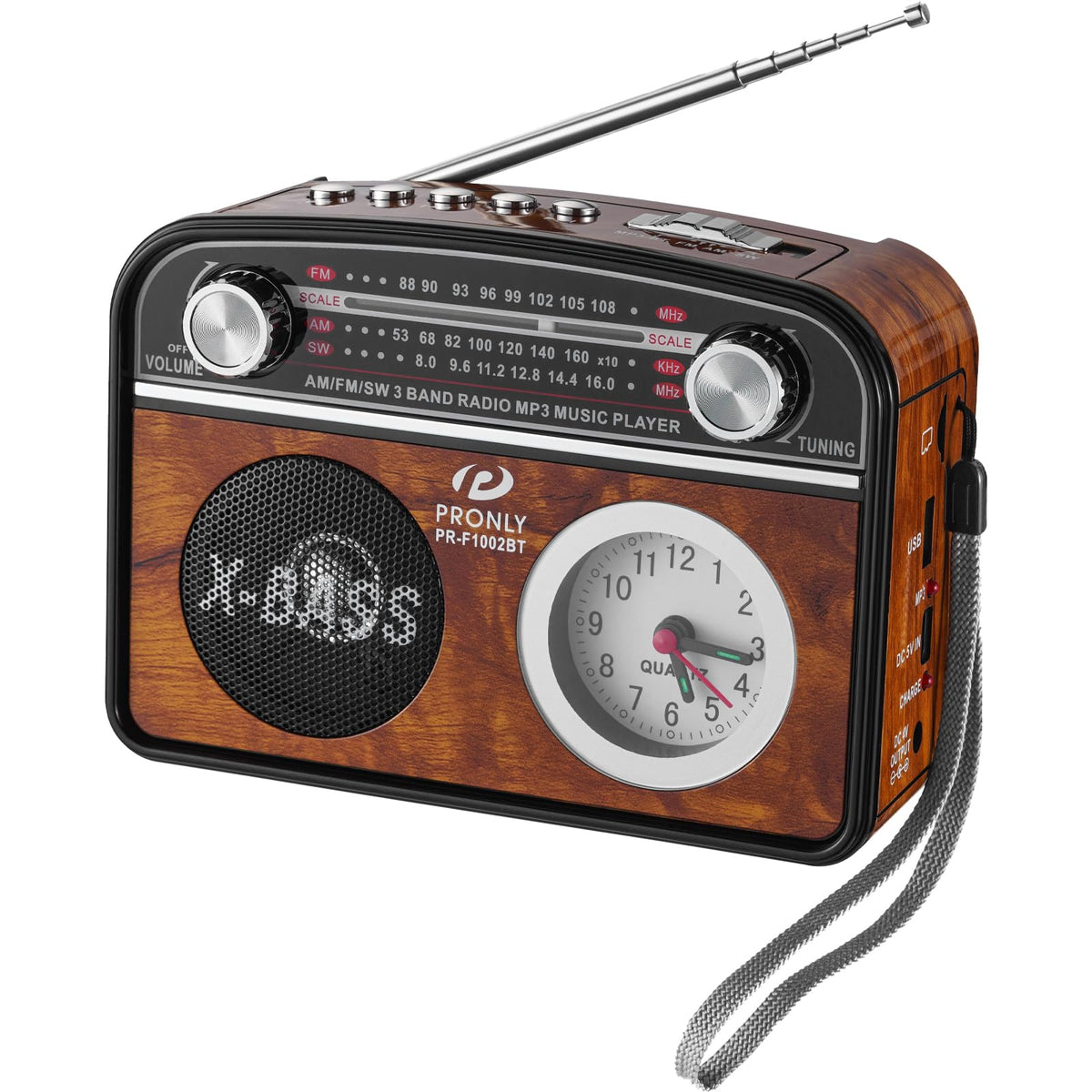 PRONLY portable radio front view with retro styling and Bluetooth capability.