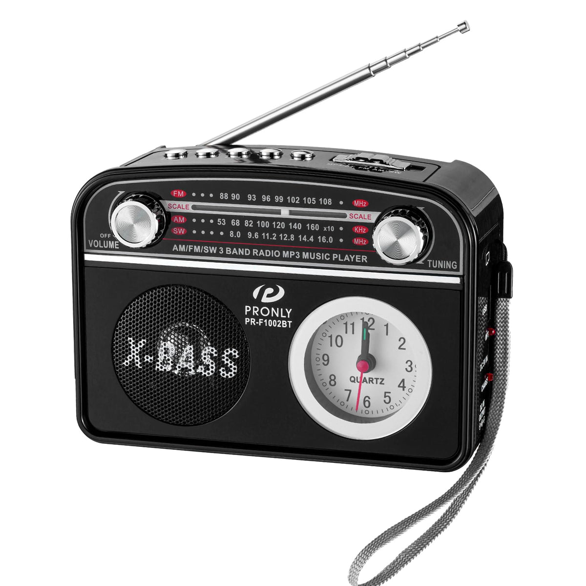 PRONLY portable radio front view with retro styling for everyday listening on the go.