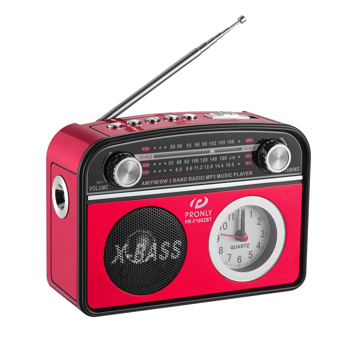 PRONLY portable radio in red, front view, ready for daily listening on the go.