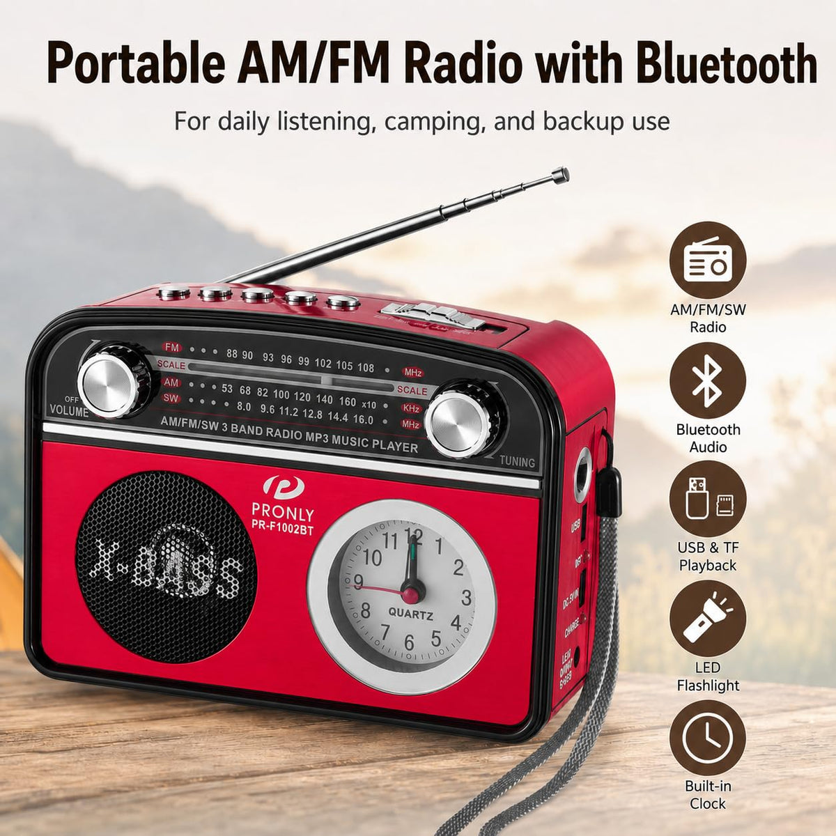 PRONLY portable radio in red, side view for side access and portability.