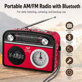 PRONLY portable radio in red, side view for side access and portability.