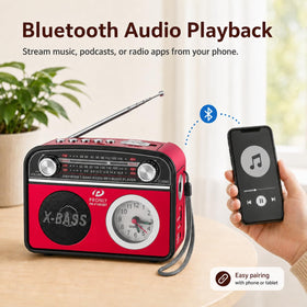 PRONLY radio Bluetooth closeup showing easy pairing and wireless streaming.