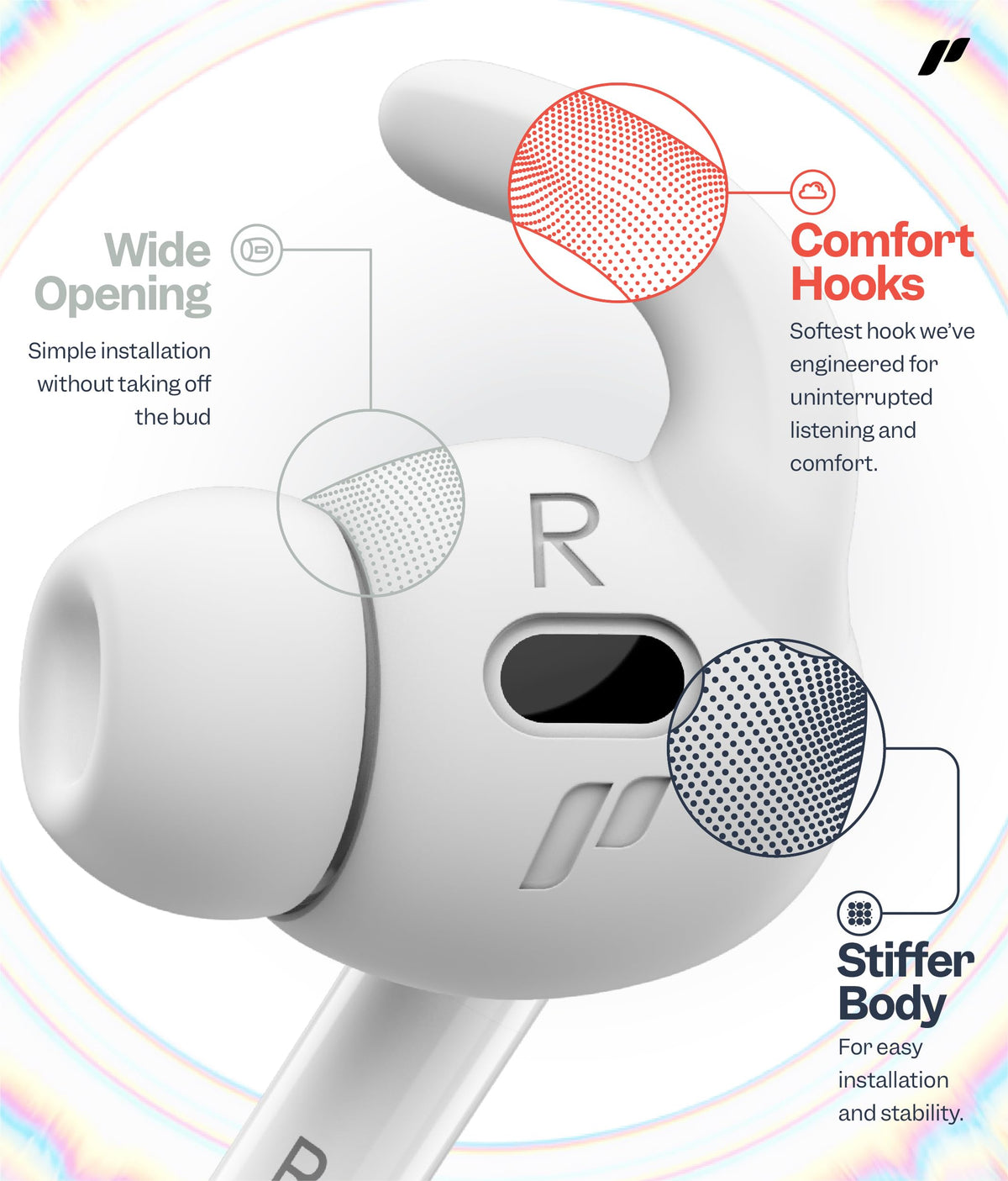 Proof Labs small and large ear hooks close-up show adjustable fit options.