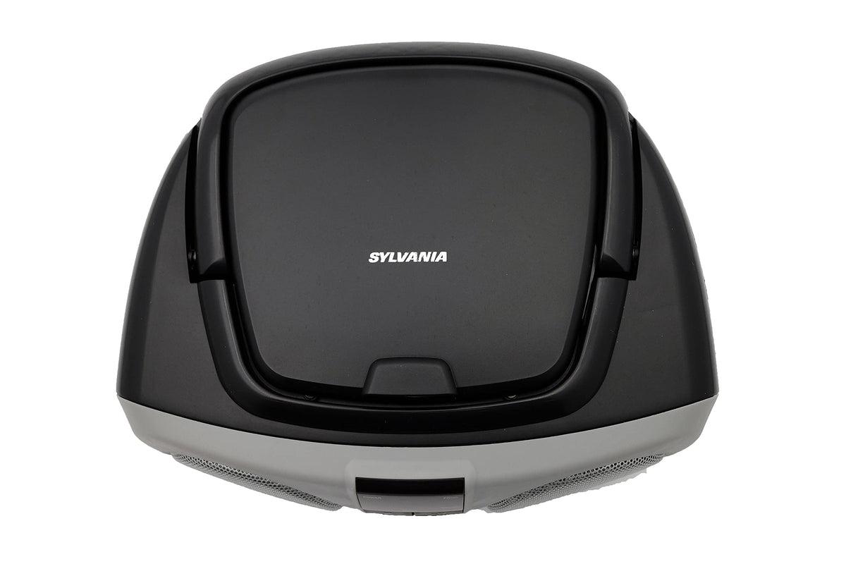 PROSCAN Sylvania SRCD243 close-up of CD tray and aux jack, convenient connectivity benefit