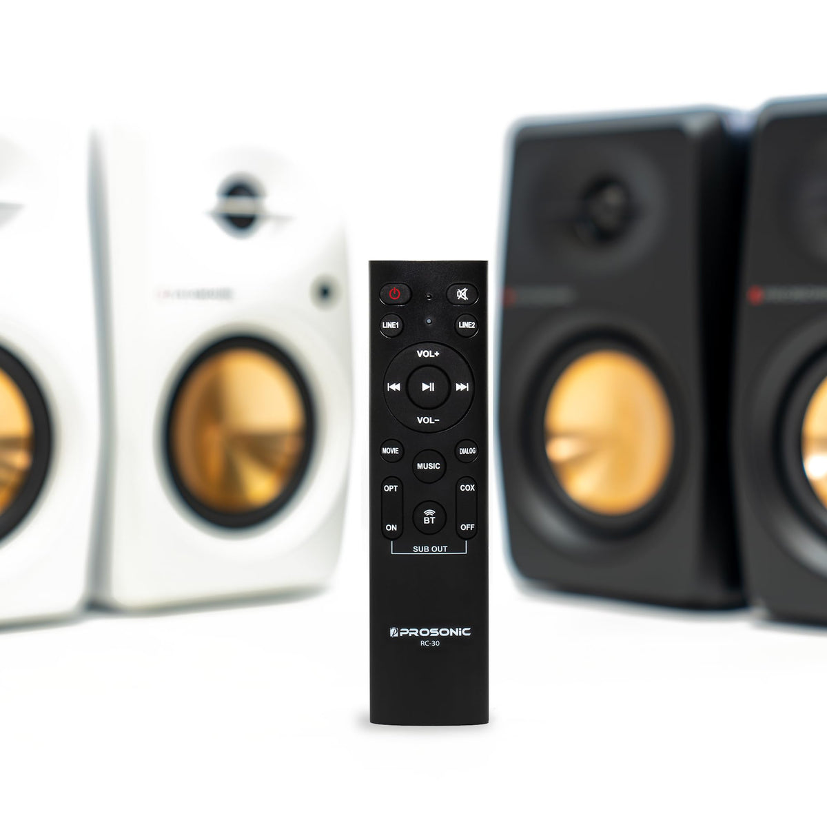 Prosonic BT30 back ports show optical, coaxial, and AUX connectivity.