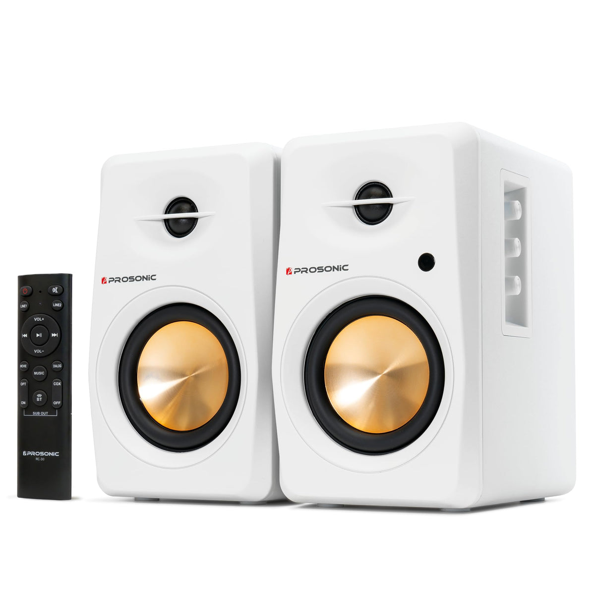 Prosonic BT30 front view shows compact, desk-ready speaker for small spaces.