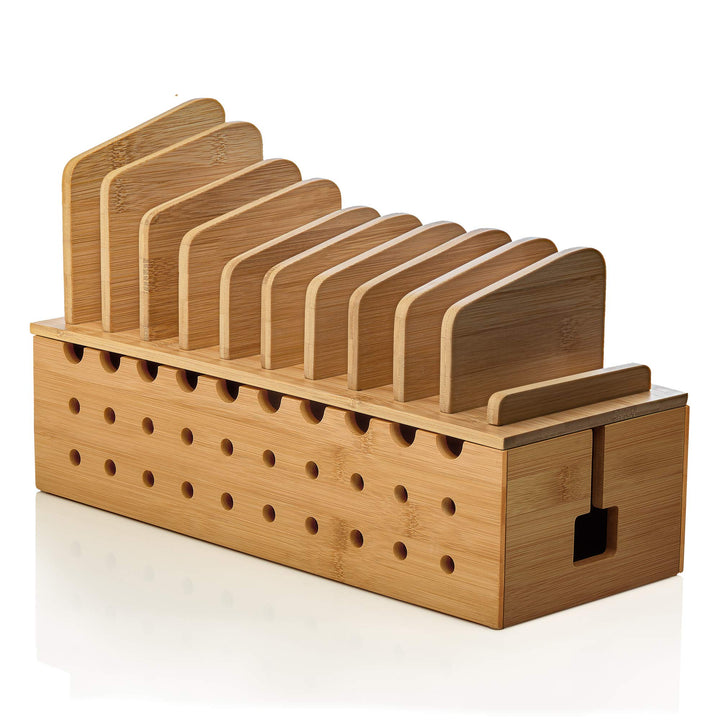 Prosumer's Choice bamboo charging dock front view showing organized devices and tidy desk