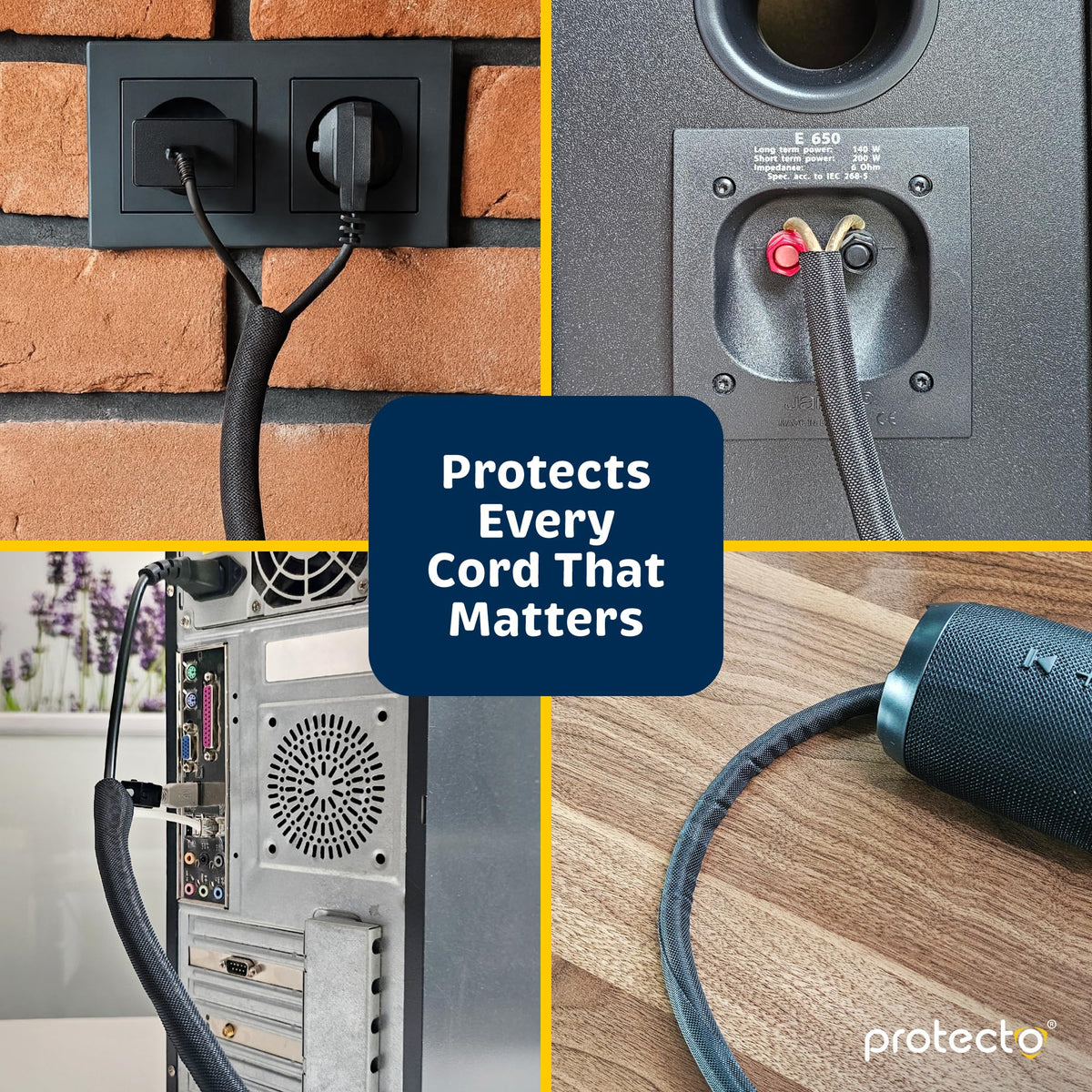 PROTECTO black mesh cord cover discreetly protects power and AV cables.