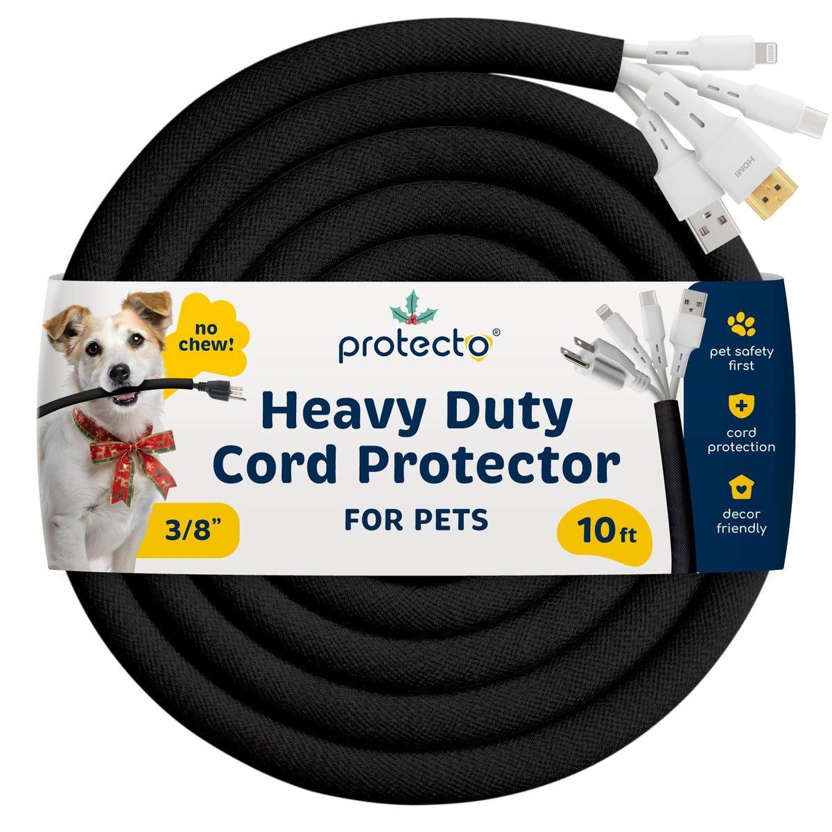 PROTECTO heavy-duty cord protector on a 10ft cord to deter pets.