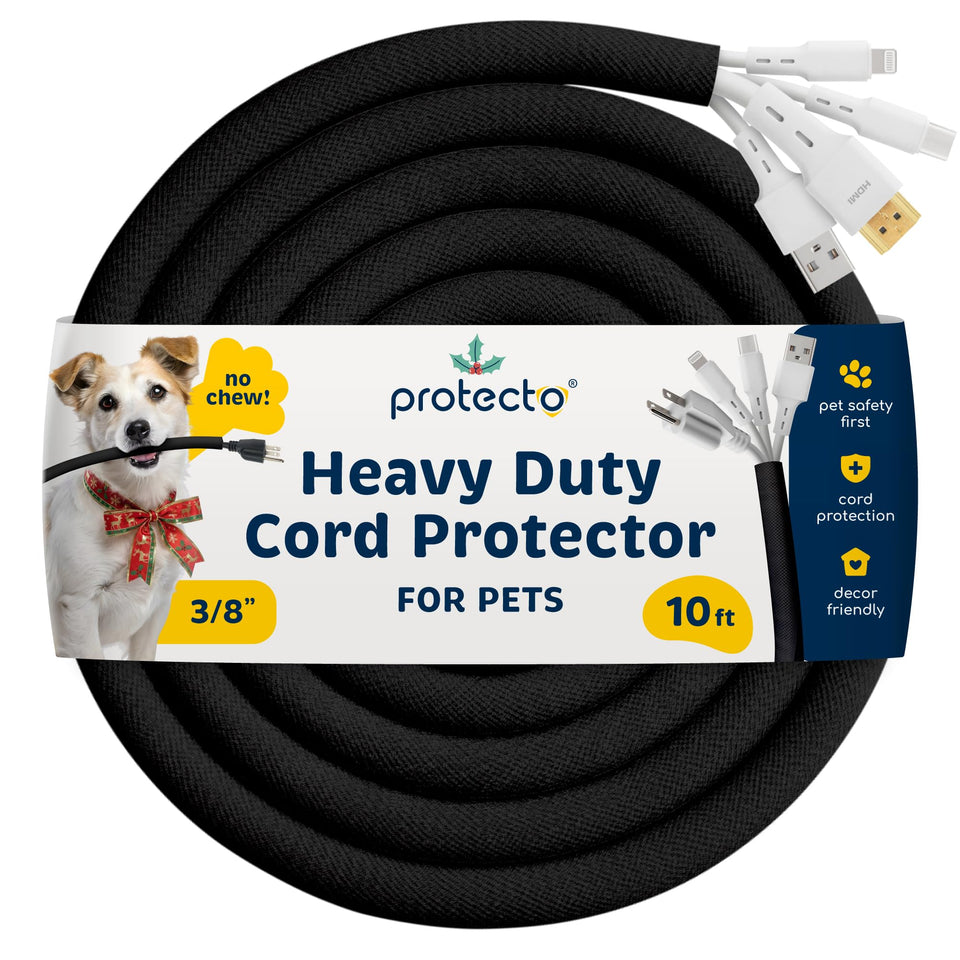 PROTECTO heavy-duty cord protector on a 10ft cord to deter pets.