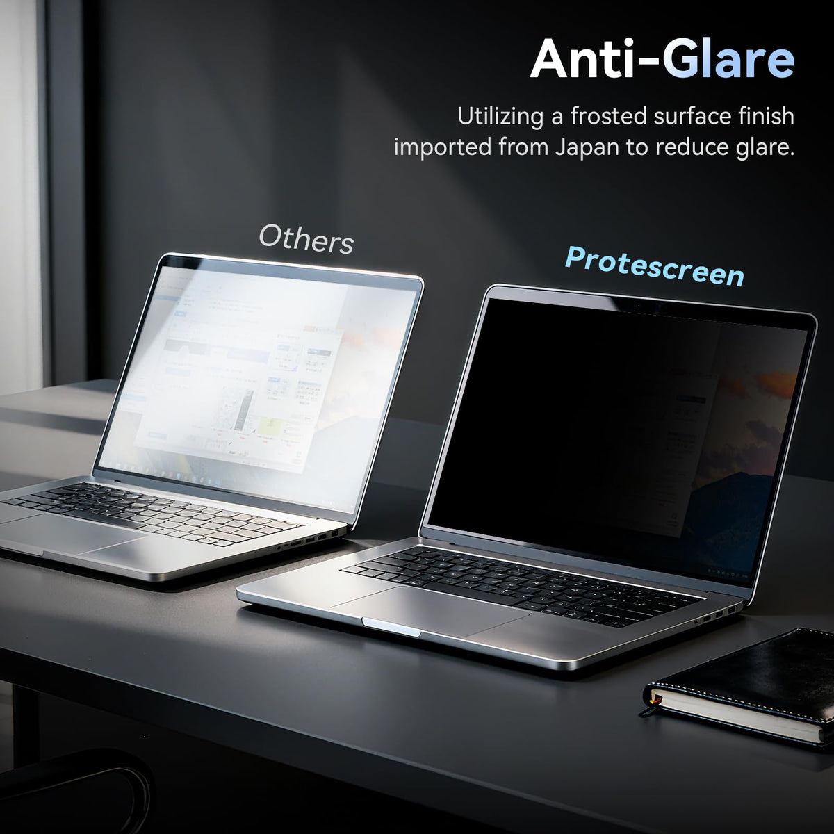 Protescreen applied to laptop while user types, enhances privacy and reduces glare