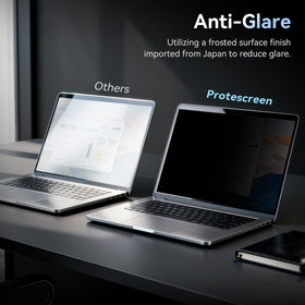 Protescreen applied to laptop while user types, enhances privacy and reduces glare