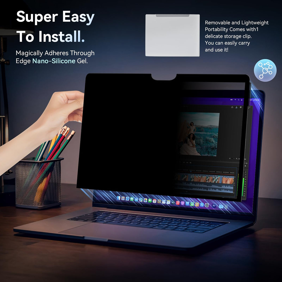 Protescreen blue light filter for MacBook 13 helps reduce eye strain during long work sessions.