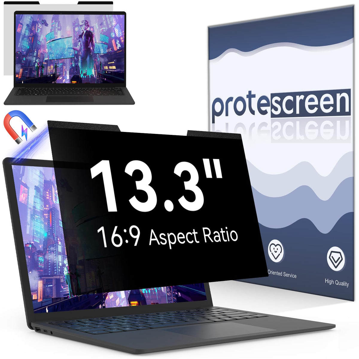 Protescreen front view showing fitted 13.3-inch protector and clear display benefit
