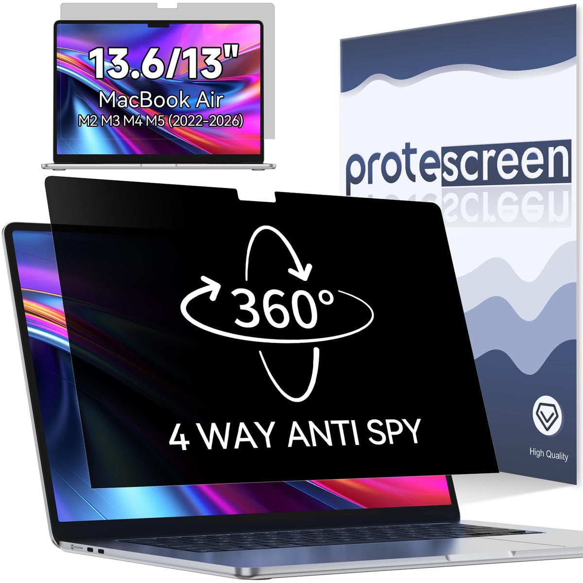 Protescreen front packaging on MacBook Air showing compact protection benefit