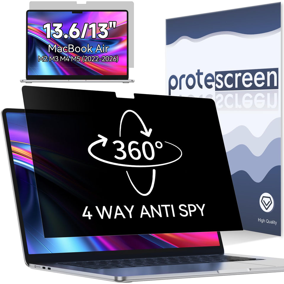 Protescreen front packaging on MacBook Air showing compact protection benefit