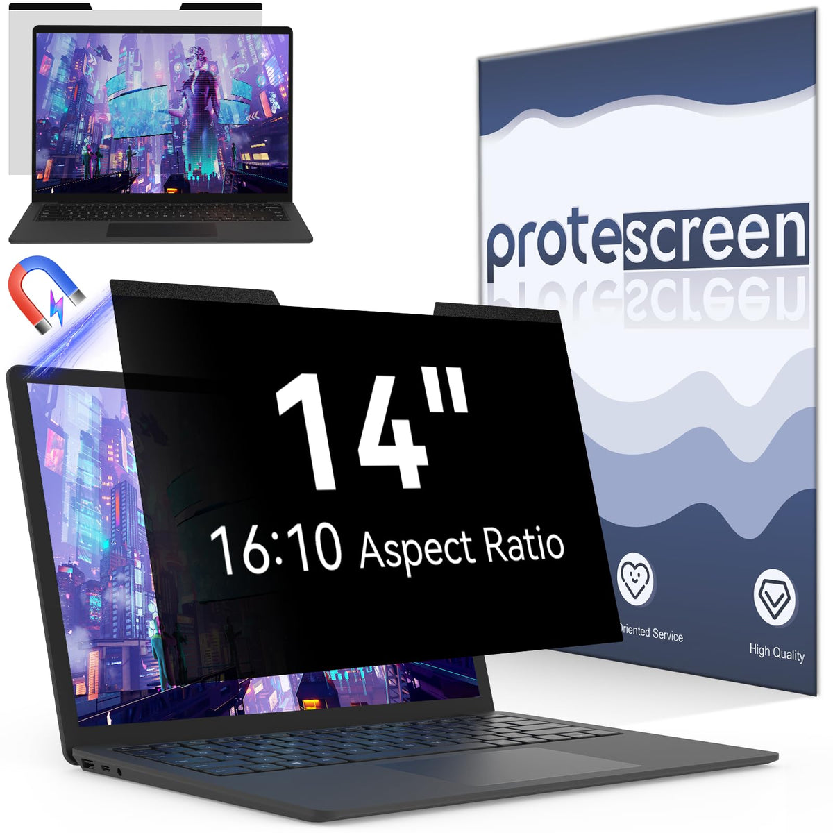 Protescreen front view on 14-inch laptop showing precise fit and privacy protection