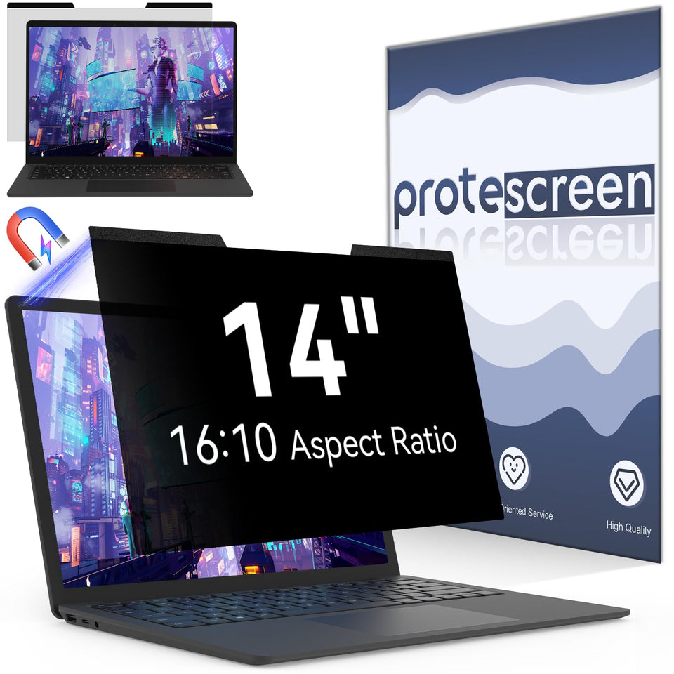 Protescreen front view on 14-inch laptop showing precise fit and privacy protection