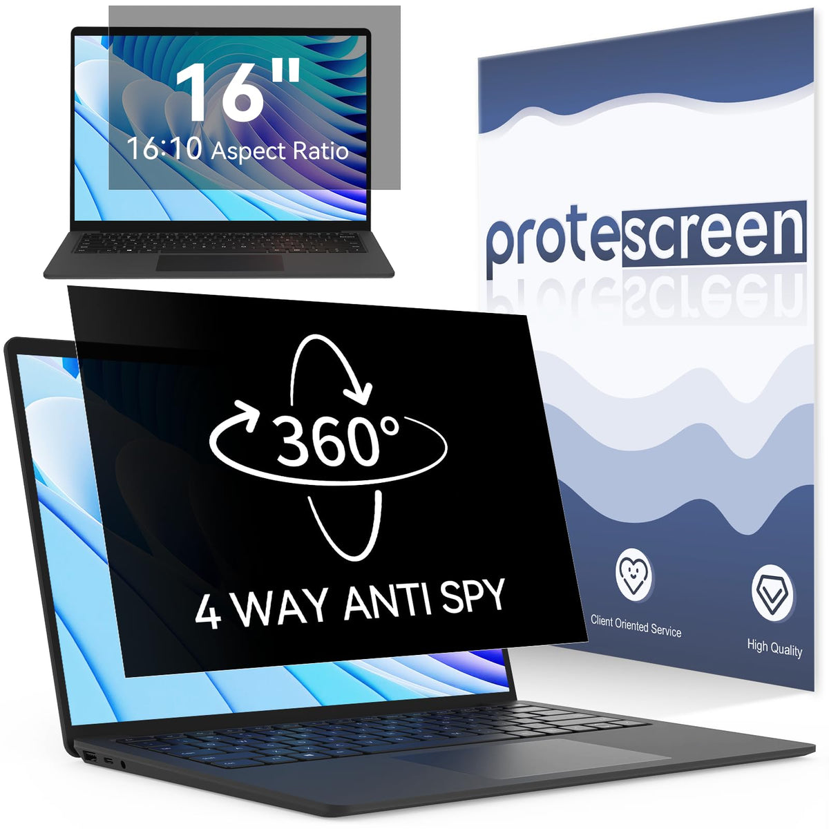 Protescreen front view showing protective film and packaging, improves on-the-go privacy