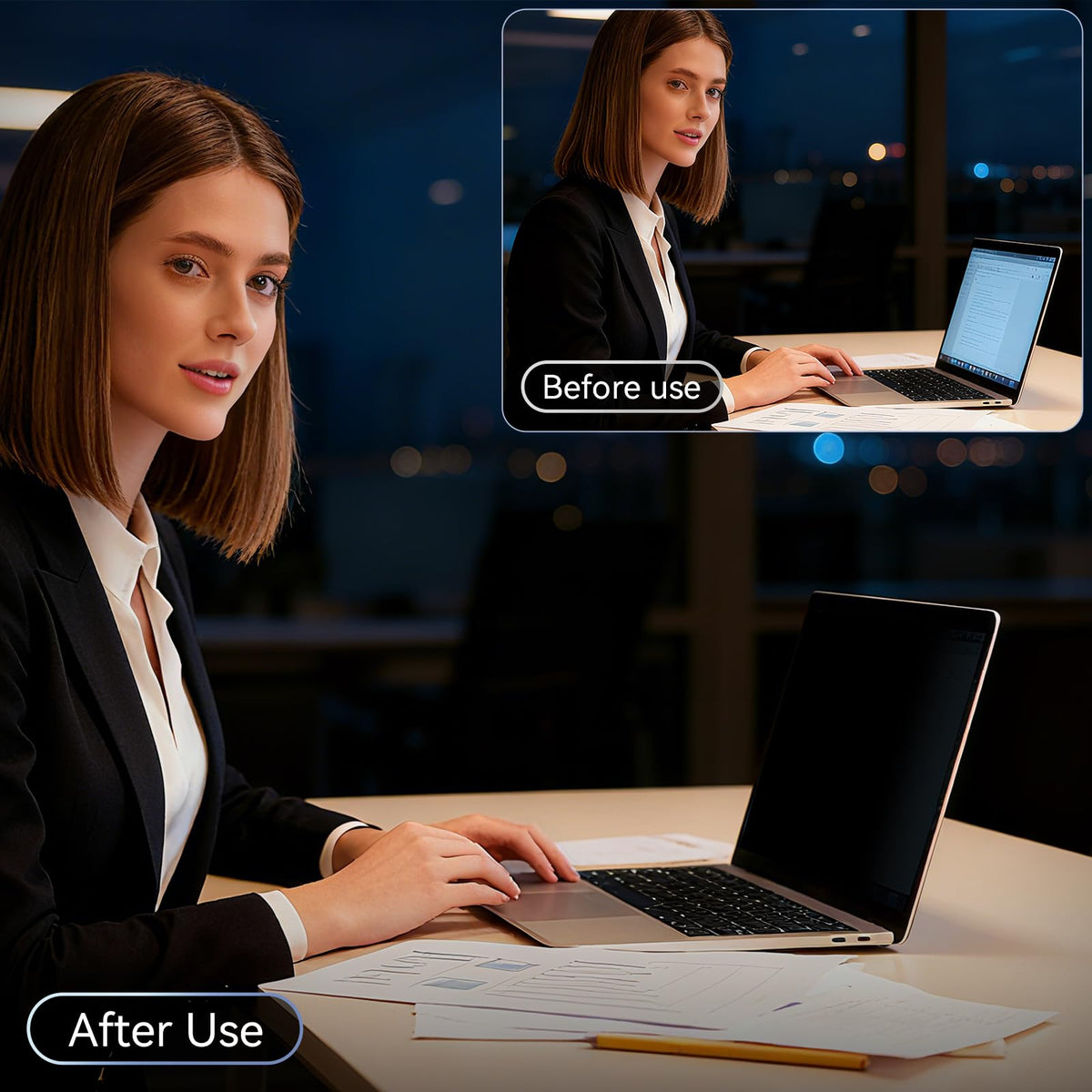 Protescreen in a coffee shop setting on laptop, protects data and eases eye strain