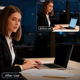 Protescreen in a coffee shop setting on laptop, protects data and eases eye strain