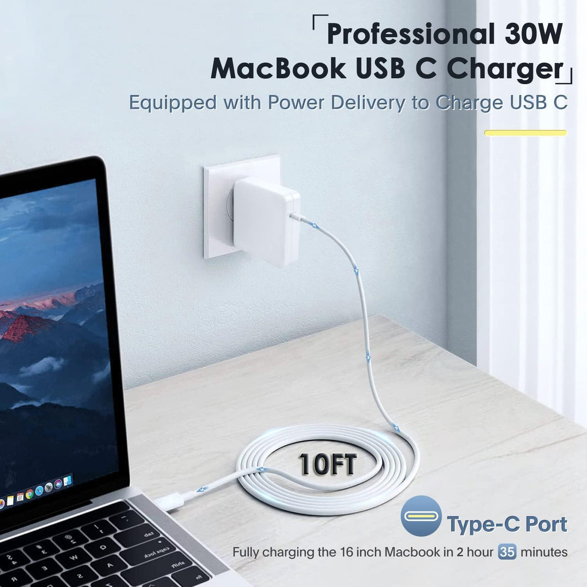 ProTVSolutions 10ft USB-C cable fully extended offering flexible reach for couches and desks