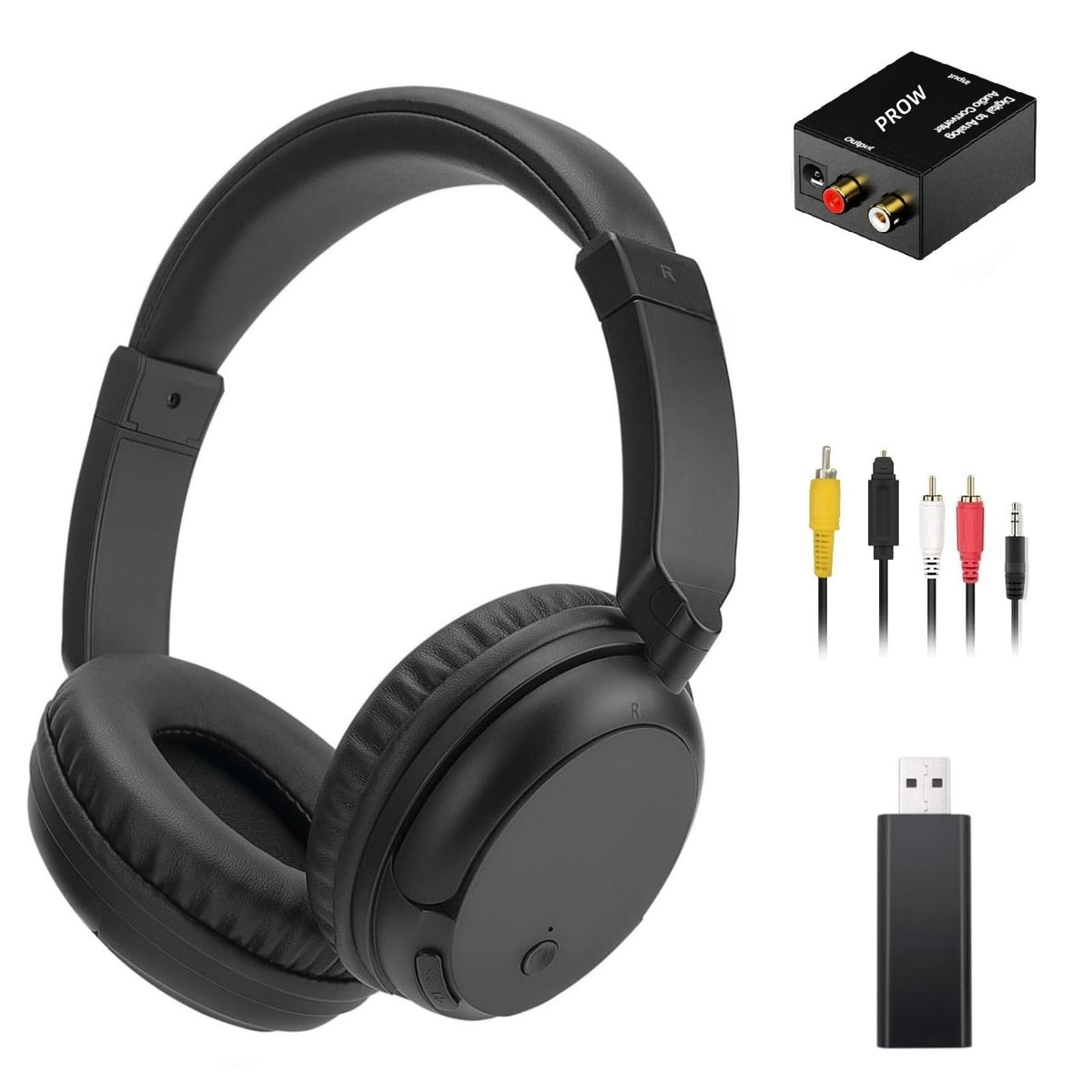 PROW wireless TV headphones with USB transmitter for easy TV pairing and broad compatibility.