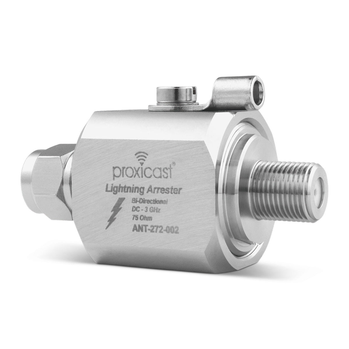 Proxicast arrester with male and female connectors for TV and satellite protection.