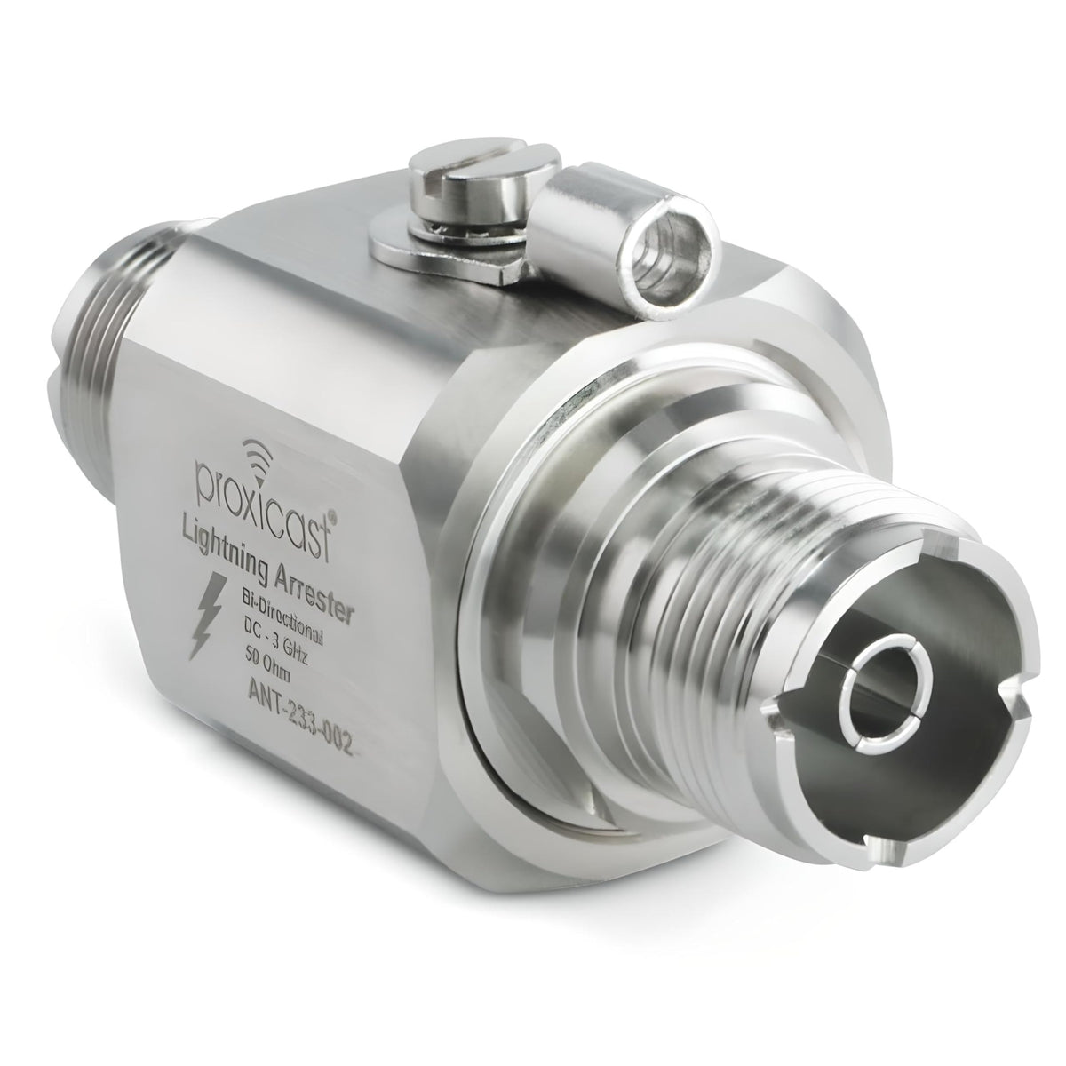 Proxicast coaxial lightning arrester front view showing rugged outdoor protection for RF antennas