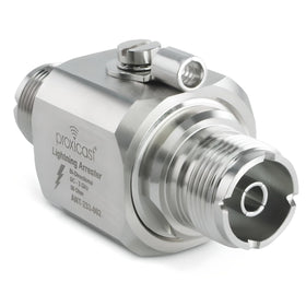 Proxicast coaxial lightning arrester front view showing rugged outdoor protection for RF antennas