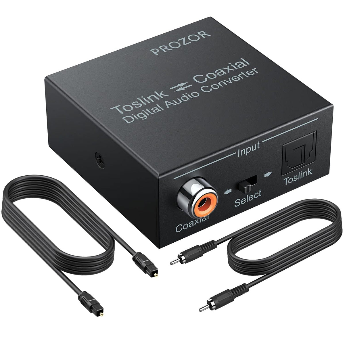 PROZOR 192K bidirectional converter front view for compact home theater setup.