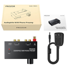 PROZOR phono preamplifier anti-skid pads and metal case protect surfaces.