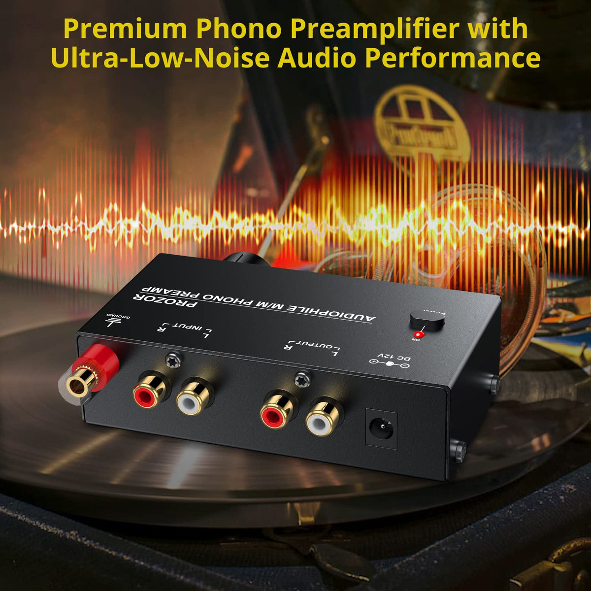 PROZOR phono preamplifier on-off button for quick power control.