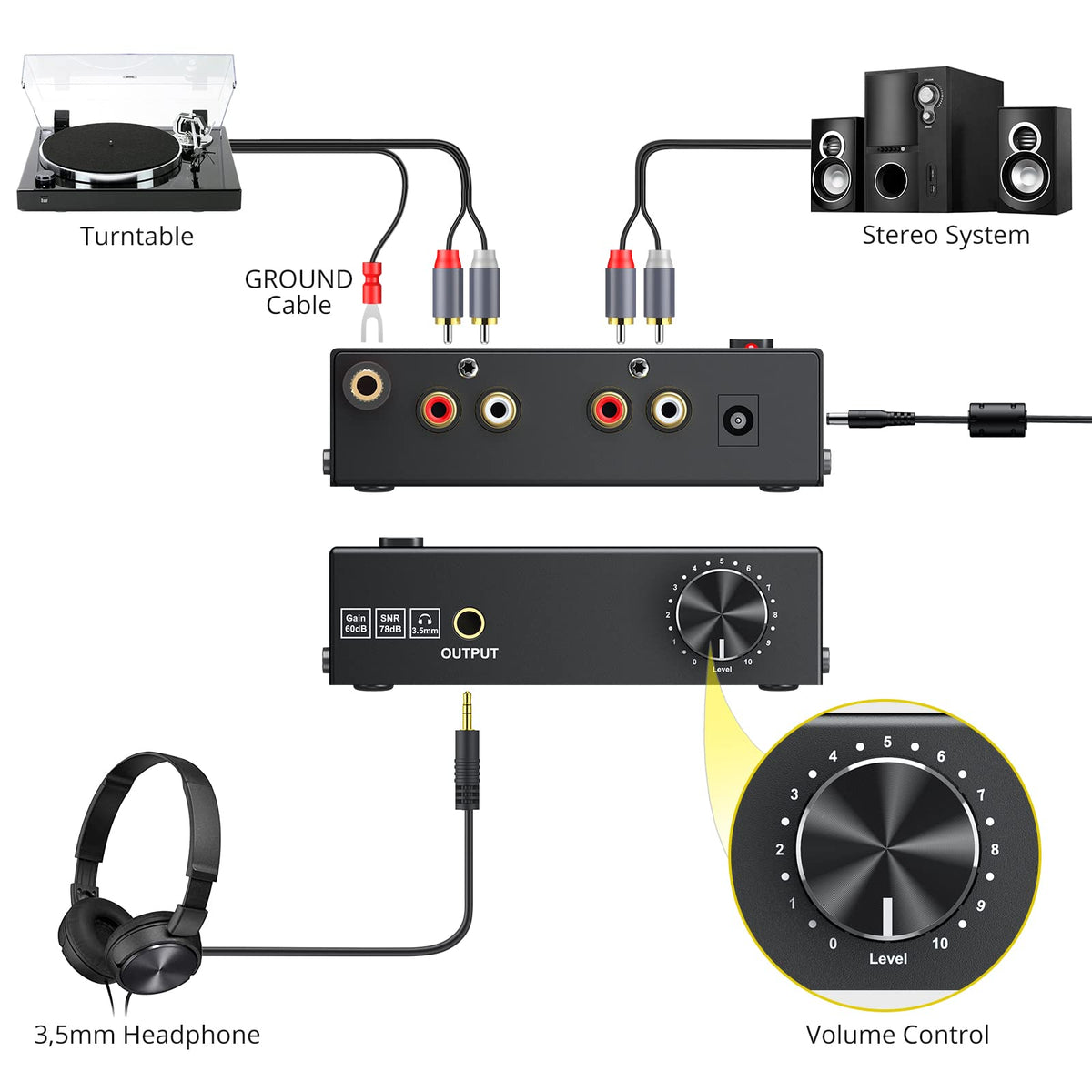 PROZOR phono preamplifier RCA output for easy stereo connection.