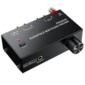 PROZOR pre-amplifier for turntable front view, compact and sturdy for desktop setups.