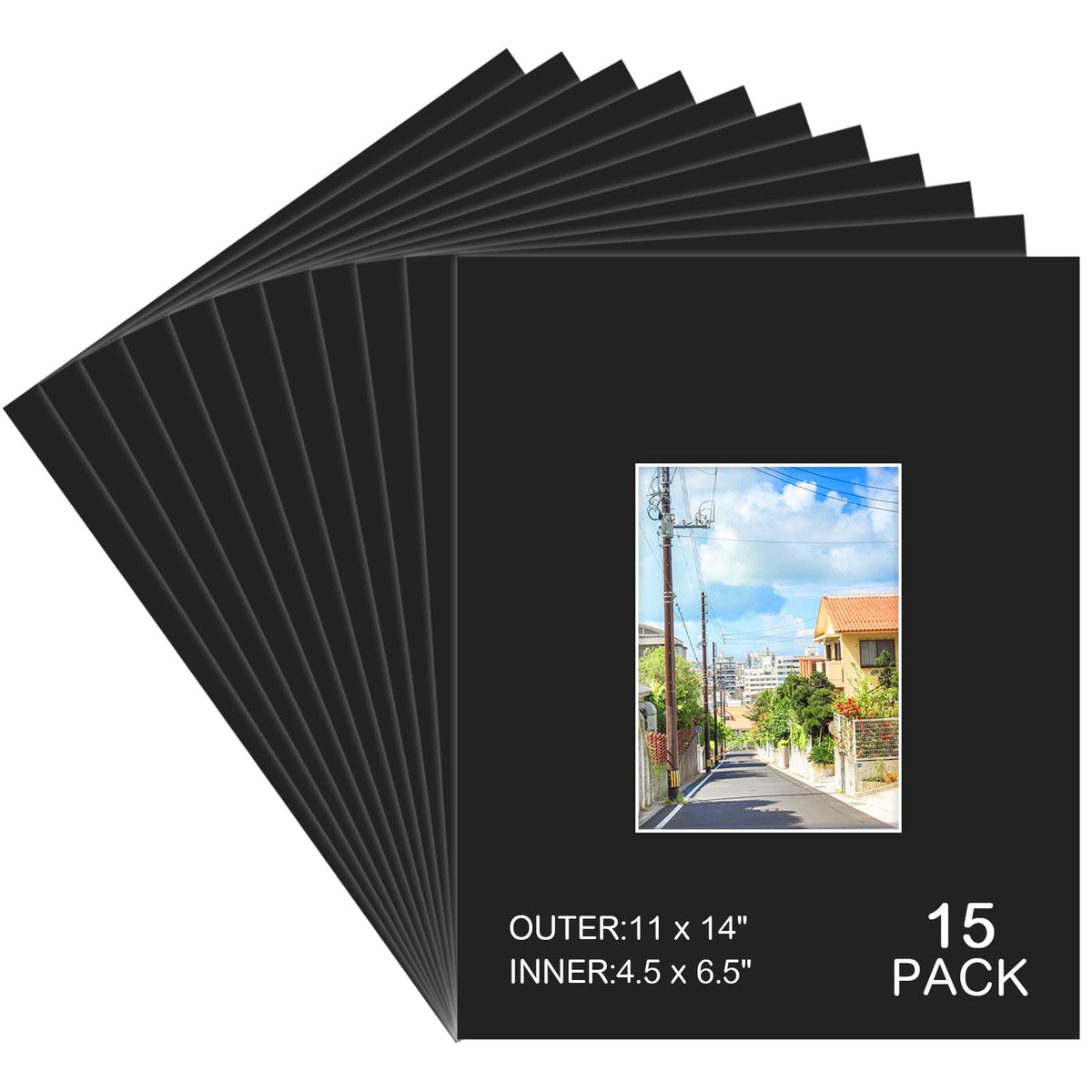 Prudiut 11x14 black mat with outer frame for 5x7 photos.