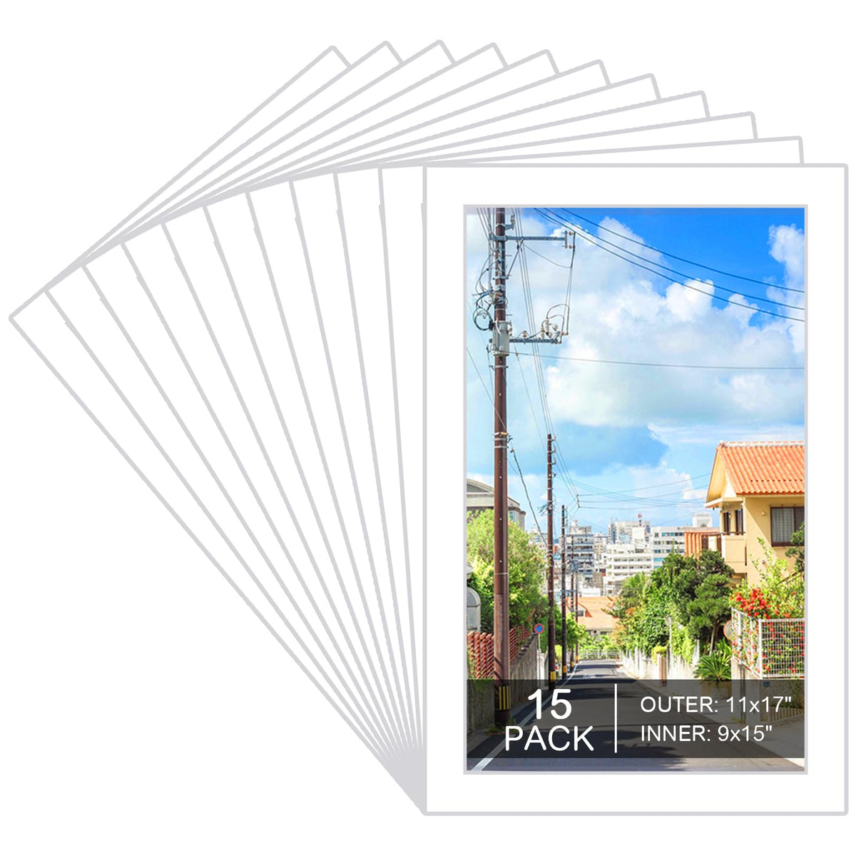 Prudiut 11x17 white mats with 9x15 inner opening for clean photo display.